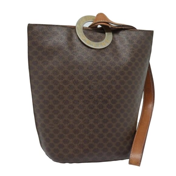 CELINE Macadam Canvas Shoulder Bag PVC Leather Brown Gold Auth 86174 - Picture 1 of 16